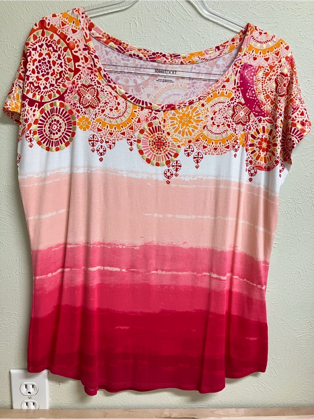 Westport Pink Ombre Scoop Neck Tee with Mandala Accent